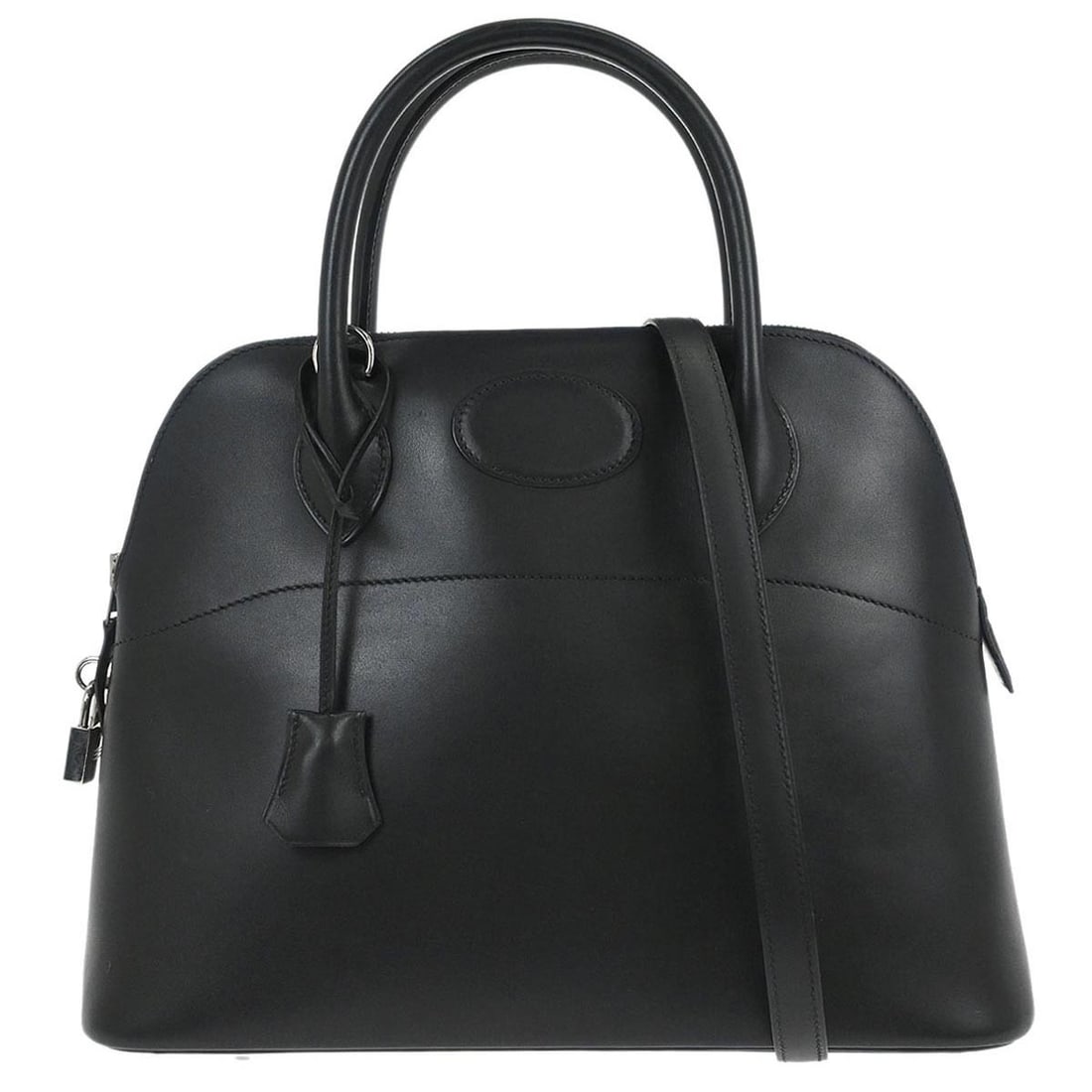 Black Leather Bolide 31 Satchel by Hermes with Double Handles: Black Leather Bolide 31 Satchel by Hermes with Double Handles This Hermes Bolide 31 2-way handbag is crafted from black box calf leather and features a medium-sized satchel design with double handles 