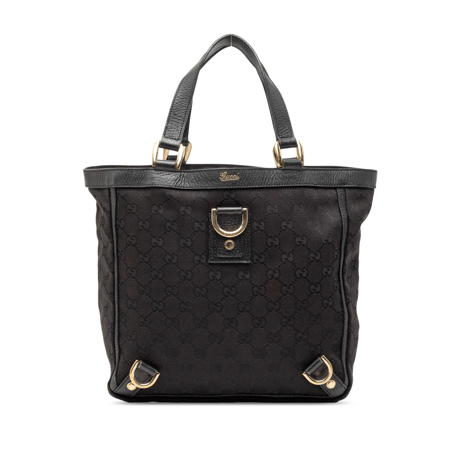 Gucci Abbey D Ring Tote Black GG Canvas and Leather Trim Bag: Gucci Abbey D Ring Tote Black GG Canvas and Leather Trim Bag This Gucci GG Canvas Abbey D Ring Tote features a black canvas body with leather trim, flat leather handles, an open top with a magnetic sn