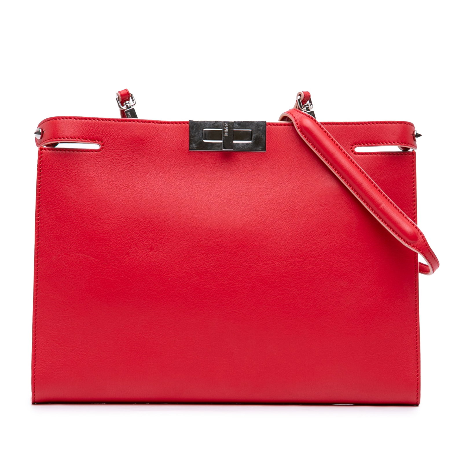 Fendi Peekaboo Red Leather Clutch Crossbody Bag with Twist Lock: Fendi Peekaboo Red Leather Clutch Crossbody Bag with Twist Lock This Fendi Leather Peekaboo Clutch Crossbody features a red leather body with a flat shoulder strap, an open top with a twist lock closu