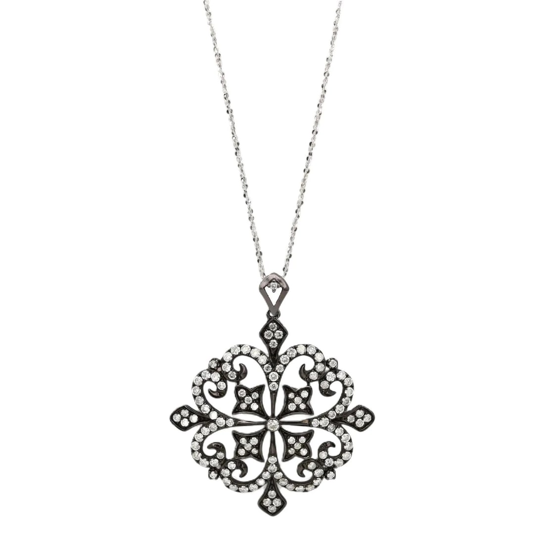 14k White Gold Diamond Filigree Pendant Necklace by Effy 1.35ctw 30 Inch: 14k White Gold Diamond Filigree Pendant Necklace by Effy 1.35ctw 30 Inch This Effy pendant necklace features a round filigree design crafted in 14k white gold with black rhodium plating. Set with appr