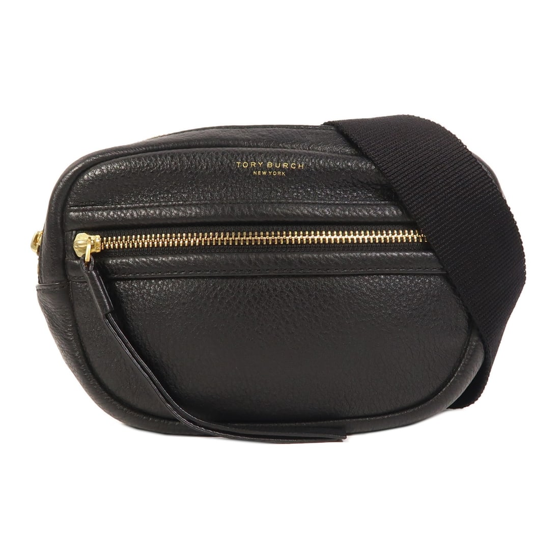 Tory Burch Black Calfskin Waist Bag with Gold Hardware: Tory Burch Black Calfskin Waist Bag with Gold Hardware This Tory Burch waist bag features a sleek black calfskin leather exterior with gold-tone hardware. Designed for practical everyday use, it offer