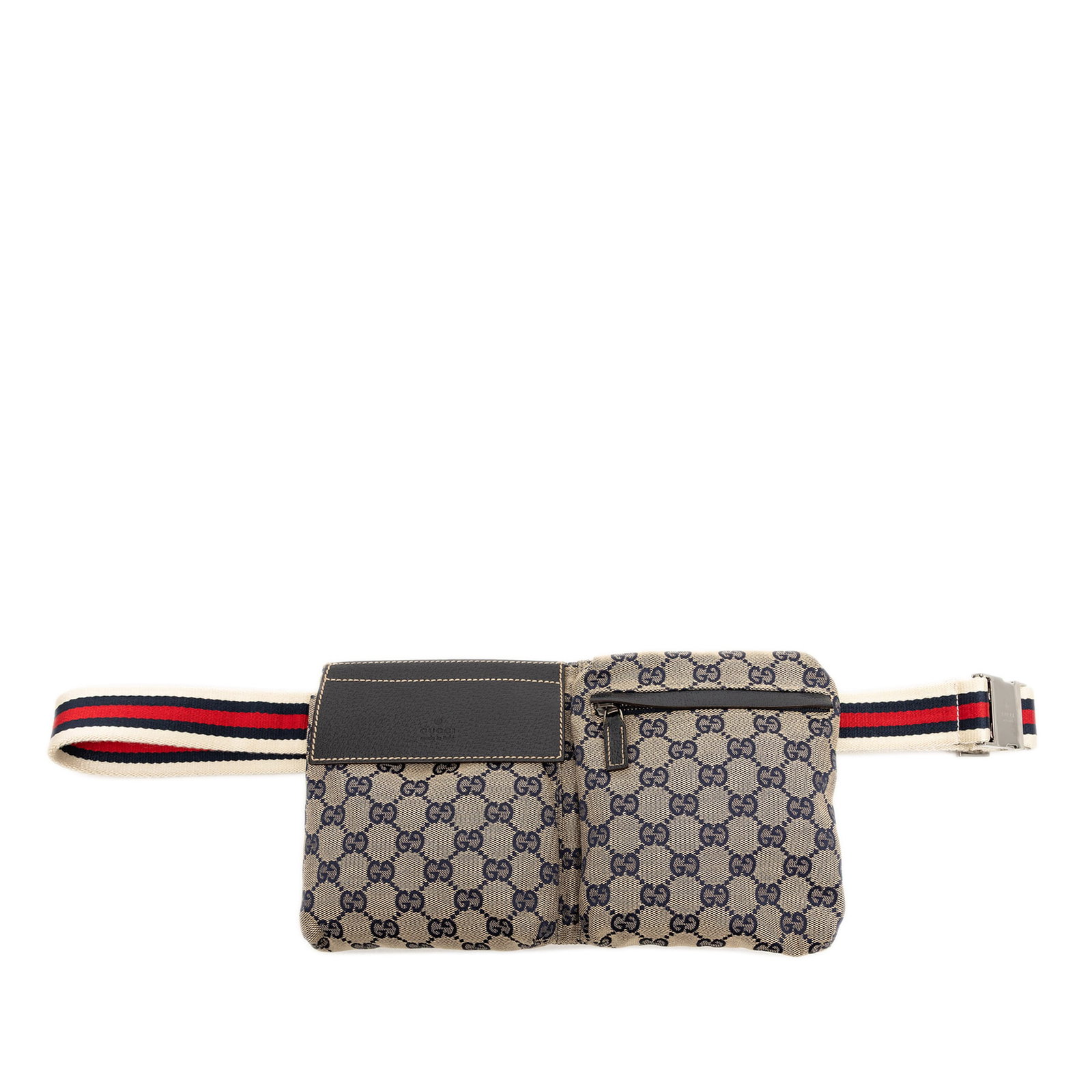 Gucci GG Canvas Belt Bag with Web Strap and Double Pockets: Gucci GG Canvas Belt Bag with Web Strap and Double Pockets This Gucci GG Canvas Web Double Pocket Belt Bag features a beige GG canvas body, a flat web canvas belt strap, front flap and zip compartment