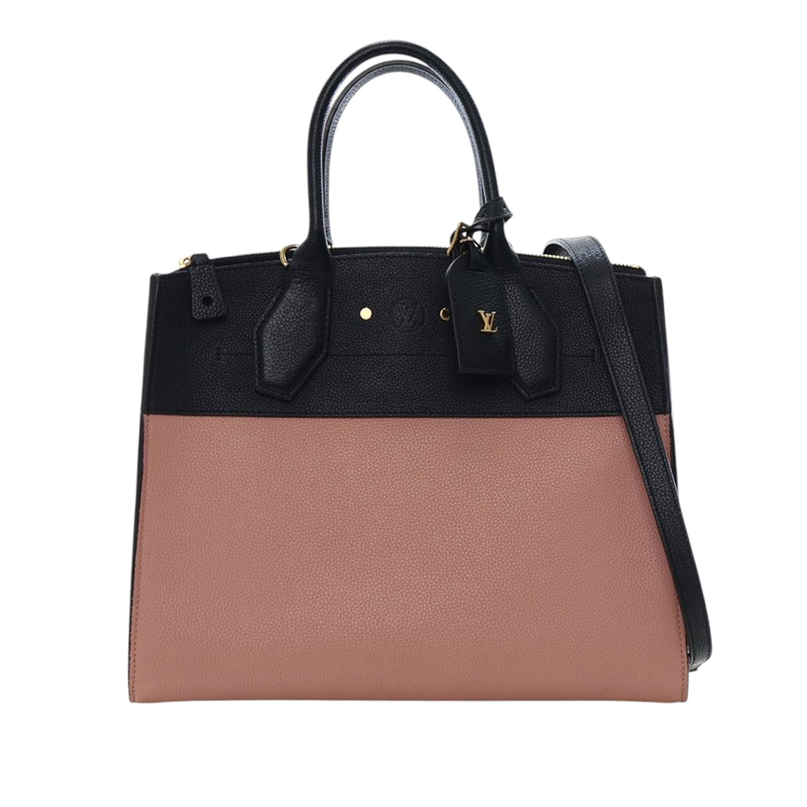 Pink Leather Louis Vuitton City Steamer MM Bag: Pink Leather Louis Vuitton City Steamer MM Bag This Louis Vuitton City Steamer MM handbag features a pink leather body with rolled leather handles and an open top secured by a lobster claw clasp. The 