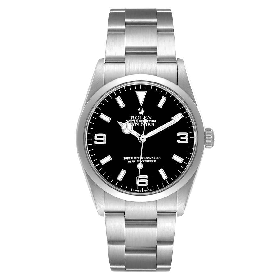 Rolex Explorer I 114270 Black Dial Men's Watch with Oyster Bracelet: Rolex Explorer I 114270 Black Dial Men's Watch with Oyster Bracelet This Rolex Explorer I features a black dial and a smooth bezel, complemented by an Oyster bracelet. The watch is designed for men an