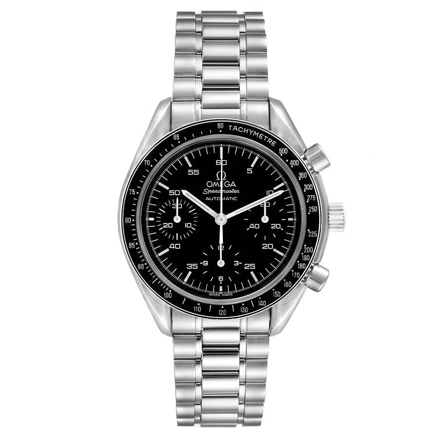 Omega Speedmaster black dial stainless steel bracelet ref 3510.50.00 with card: Omega Speedmaster black dial stainless steel bracelet ref 3510.50.00 with card This Omega Speed Master features a black dial and is paired with a stainless steel bracelet. The watch has a fixed bezel 