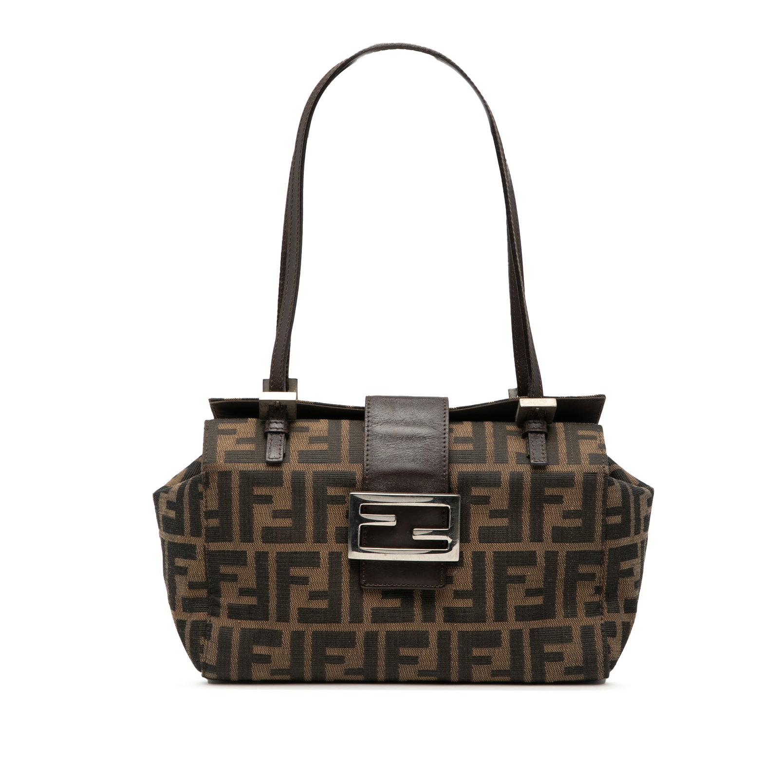 Fendi Bento Box Shoulder Bag in Zucca Canvas with Leather Straps: Fendi Bento Box Shoulder Bag in Zucca Canvas with Leather Straps This Fendi Zucca Canvas Bento Box Shoulder Bag features a brown canvas body with flat leather straps and a fold-over top secured by a f