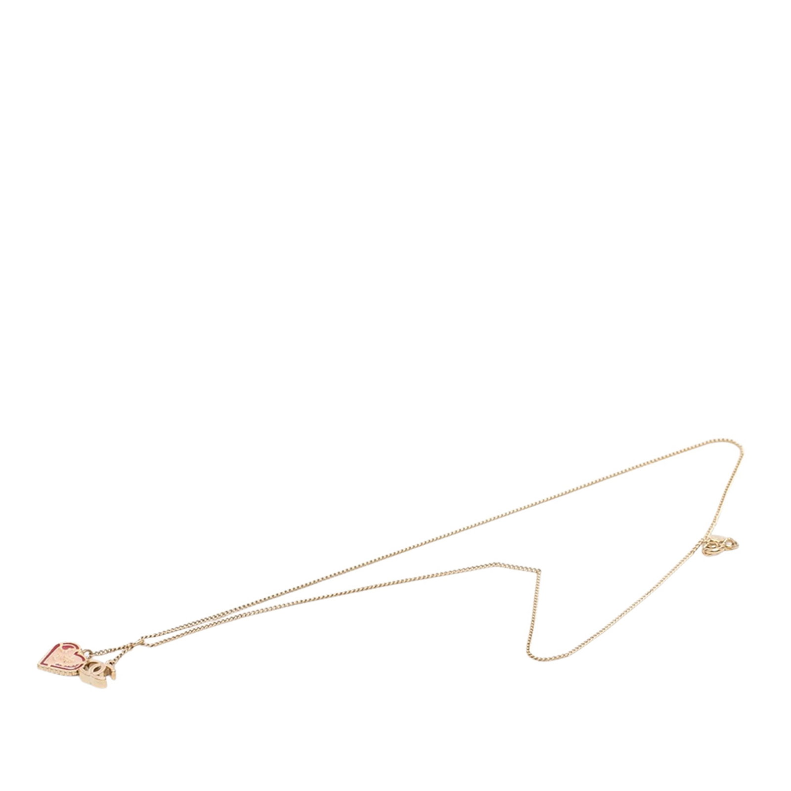 Chanel gold plated heart pendant necklace CC lacquered chain: Chanel gold plated heart pendant necklace CC lacquered chain This Chanel necklace features a gold plated chain with a lacquered heart pendant and a spring ring closure. The piece is crafted from metal