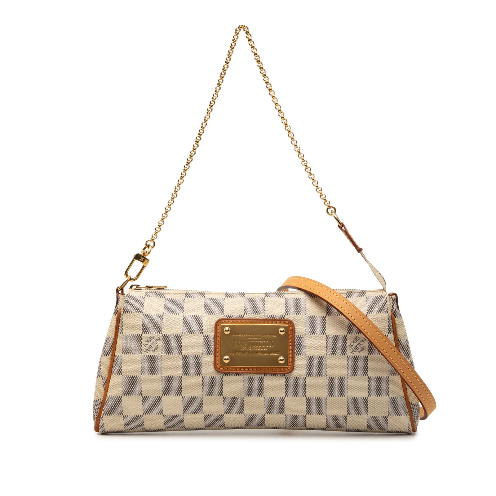 Damier Azur Eva Bag with Chain and Leather Strap by Louis Vuitton: Damier Azur Eva Bag with Chain and Leather Strap by Louis Vuitton The Louis Vuitton Damier Azur Eva bag features a damier azur canvas exterior with a removable chain handle and a detachable flat vache