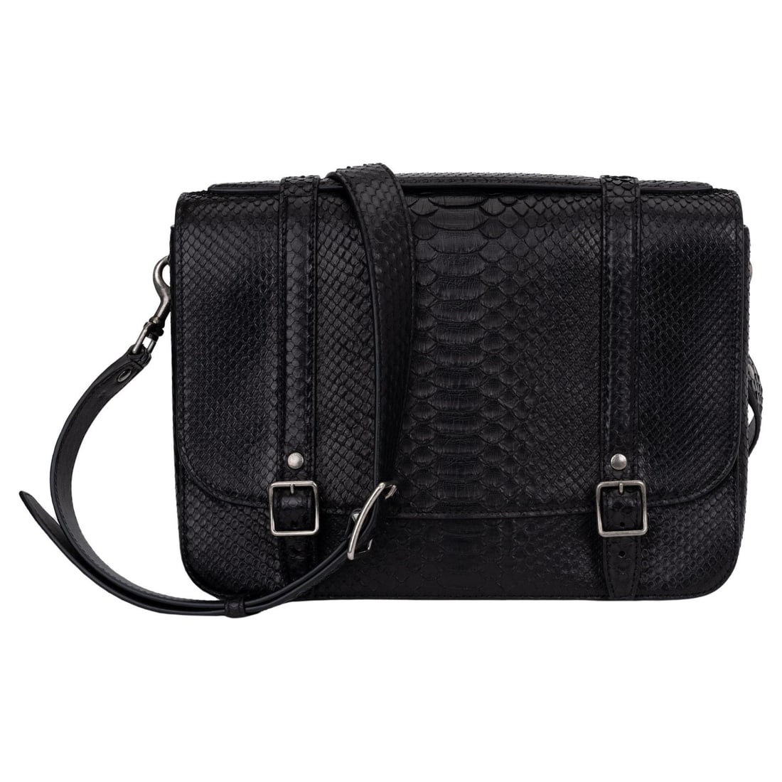 Yves Saint Laurent Black Brushed Python Schoolbag with Dust Cover: Yves Saint Laurent Black Brushed Python Schoolbag with Dust Cover This exquisite Yves Saint Laurent schoolbag showcases a unique black brushed python exterior, embodying luxury and style. The bag feat