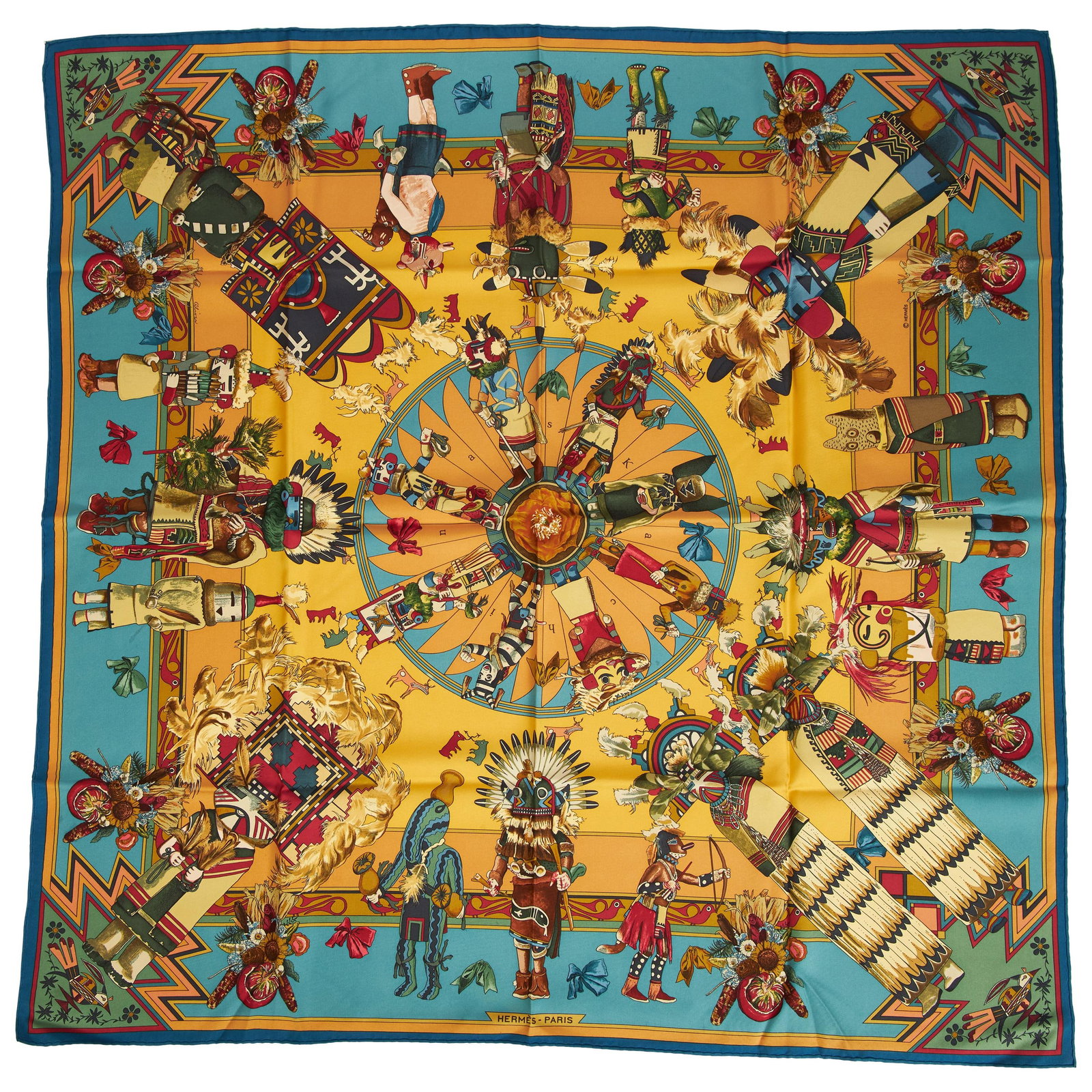 Hermes Kachinas Blue Yellow Silk Scarf by Kermit Oliver 35in: Hermes Kachinas Blue Yellow Silk Scarf by Kermit Oliver 35in Discover the exquisite Hermes Silk Kachinas Scarf, a stunning piece designed by renowned artist Kermit Oliver. This rare scarf features a v