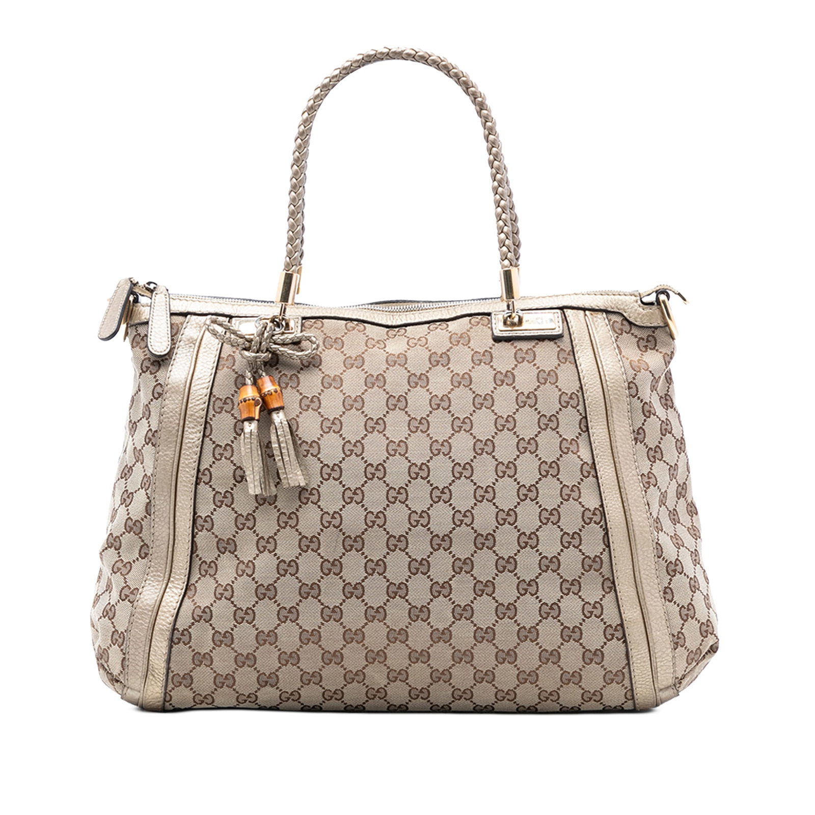 Gucci Bella GG Canvas Tote Bag with Braided Leather Handles: Gucci Bella GG Canvas Tote Bag with Braided Leather Handles This Gucci GG Canvas Bella Convertible Tote features a beige canvas body with leather trim, braided leather handles, a top zip closure, and 