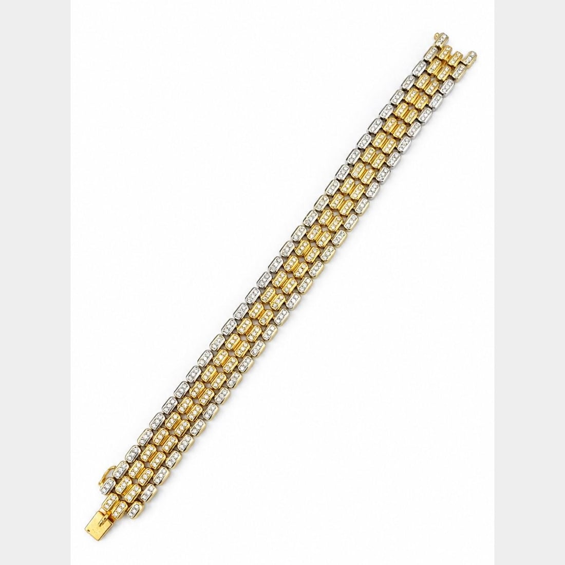 French 18K Gold Diamond Bracelet 7.5 Inches 41.1 Grams: French 18K Gold Diamond Bracelet 7.5 Inches 41.1 Grams This French bracelet is crafted from 18K yellow and white gold and features approximately 3.30 carats of diamonds with H-I color and VS1-SI2 clar