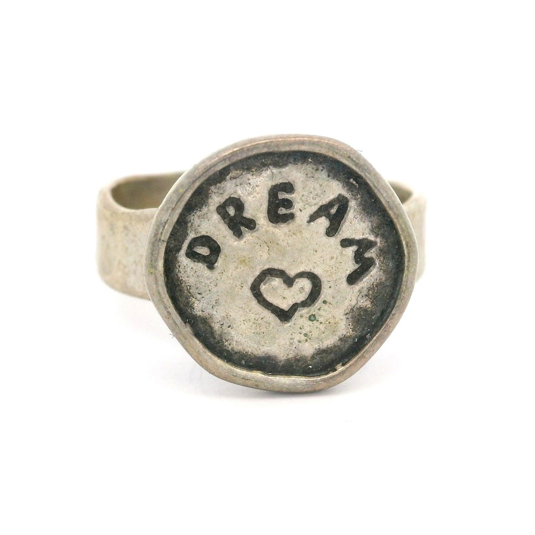 Vintage Sterling Silver Hammered Heart Band Ring DREAM: Vintage Sterling Silver Hammered Heart Band Ring DREAM This vintage band ring features a unique hammered finish and is crafted from high-quality sterling silver (.925). Designed in a heart shape with 