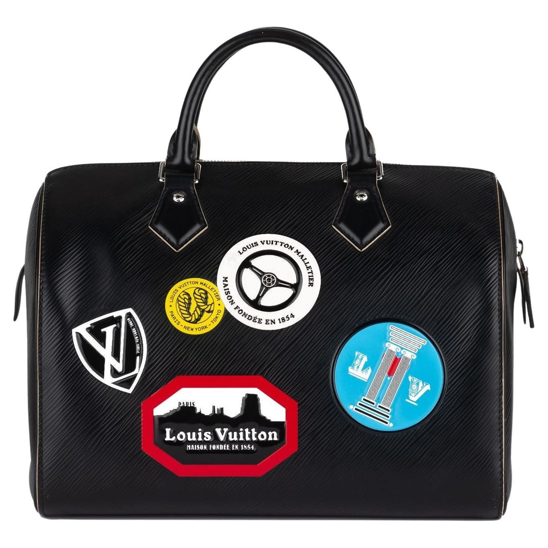 Louis Vuitton Epi World Tour Speedy 30 Black Bag with Travel Patches: Louis Vuitton Epi World Tour Speedy 30 Black Bag with Travel Patches Discover the elegance of the Louis Vuitton Epi World Tour Speedy 30, a sophisticated tote bag crafted from signature black textured