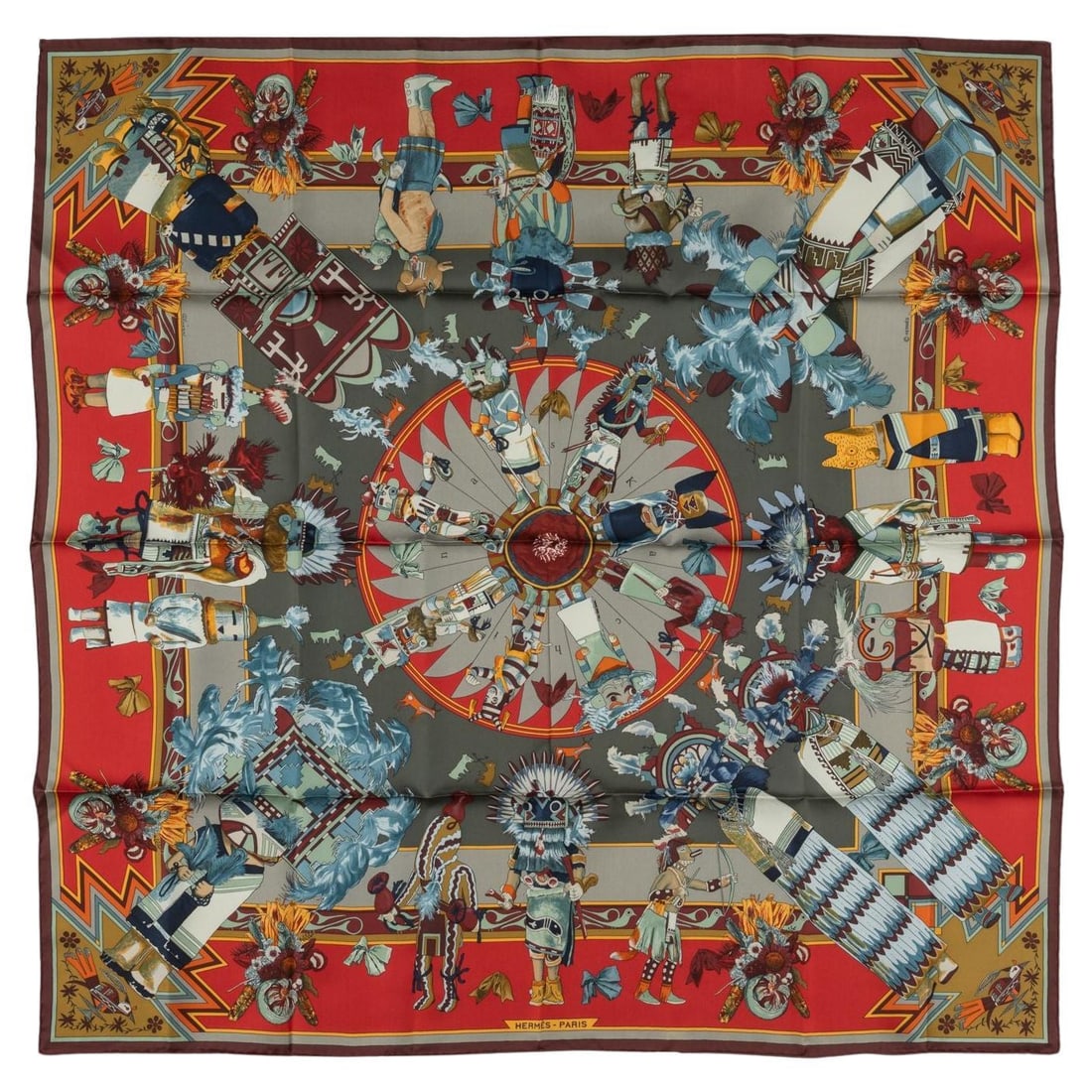 Hermes Kachina Silk Scarf Taupe Red 35 in France: Hermes Kachina Silk Scarf Taupe Red 35 in France Elevate your accessory collection with this exquisite Hermes Kachina Silk Scarf. Crafted from 100% silk, this scarf features a striking color combinati