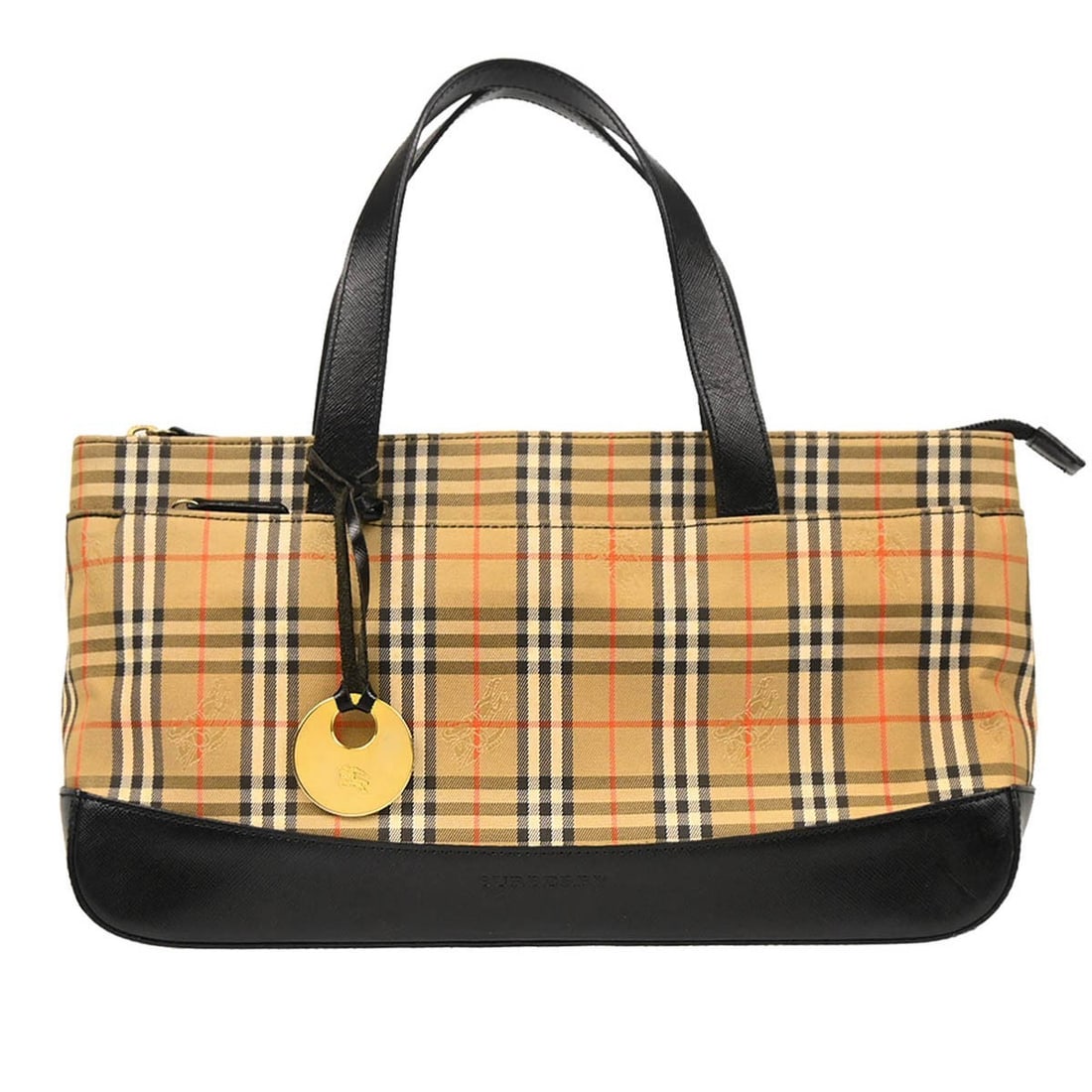 Burberry Beige House Check Tote Bag with Black Leather Handles: Burberry Beige House Check Tote Bag with Black Leather Handles This stylish Burberry Beige House Check Tote Handbag is perfect for casual outings. It features a classic check pattern with a chic brown