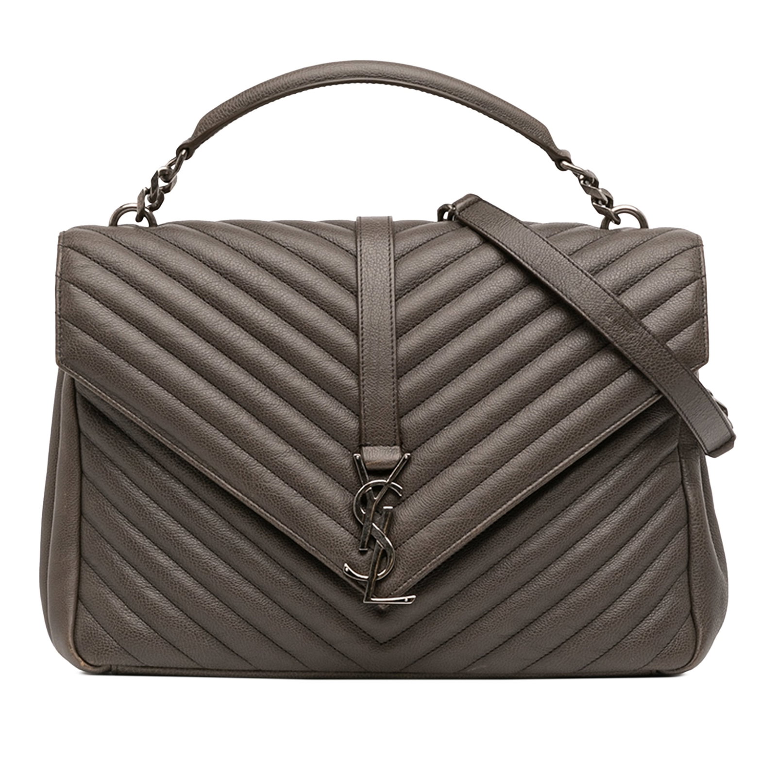 Saint Laurent College satchel in quilted sheepskin: Saint Laurent College satchel in quilted sheepskin This Saint Laurent Large Chevron Sheepskin Monogram College Bag features a quilted sheepskin body with a flat leather top handle and a detachable cur