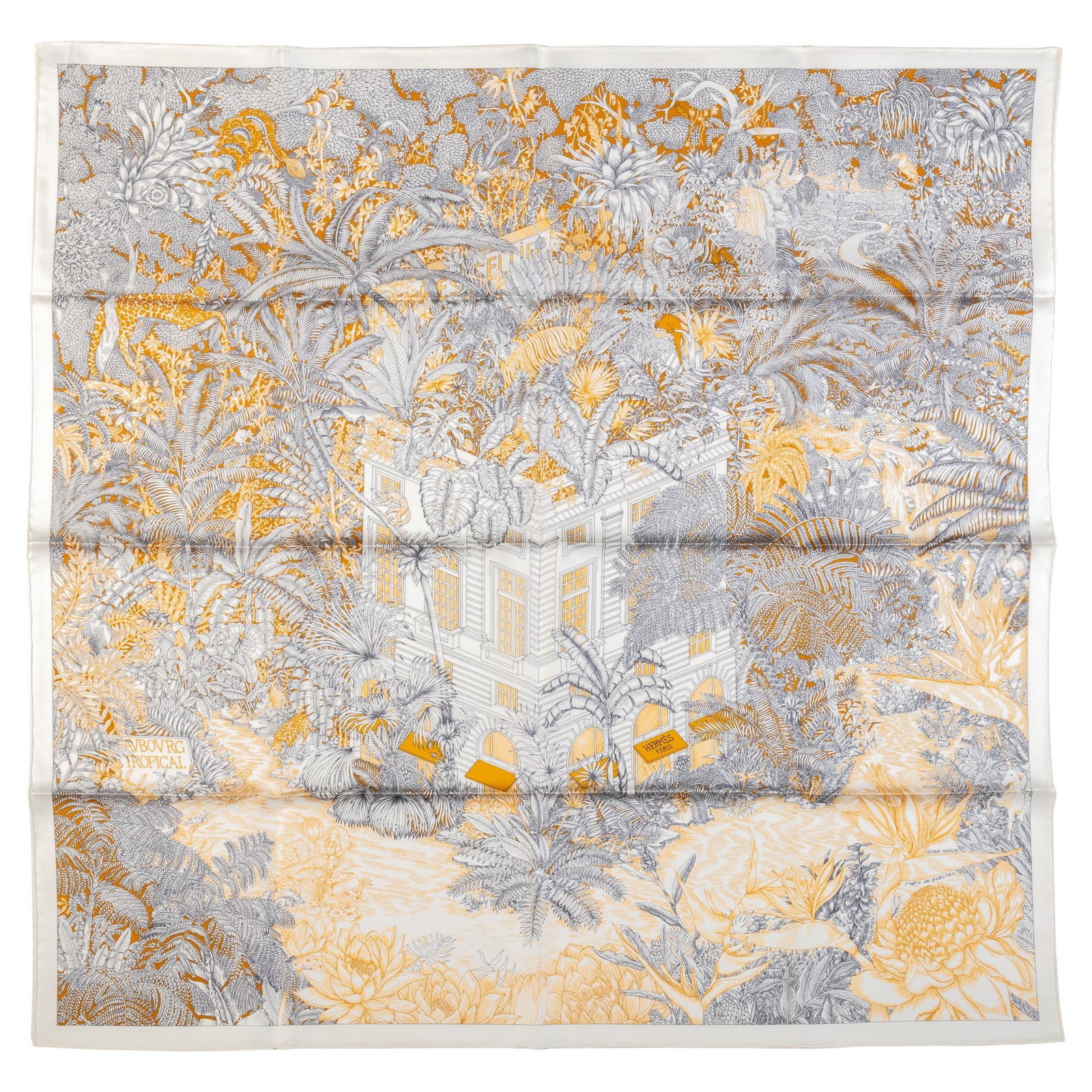 Hermes Tropical Garden Silk Scarf 35 in New with Box: Hermes Tropical Garden Silk Scarf 35 in New with Box Elevate your accessory collection with this exquisite Hermes Tropical Garden silk scarf. This stunning piece features a harmonious blend of yellow 