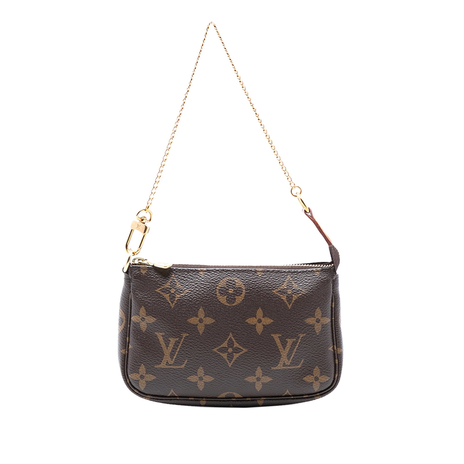 Louis Vuitton Brown Monogram Canvas Mini Pochette With Gold Chain Strap: Louis Vuitton Brown Monogram Canvas Mini Pochette With Gold Chain Strap This Louis Vuitton Monogram Mini Pochette Accessoires features the iconic monogram canvas, a gold-tone chain strap, and a top zi