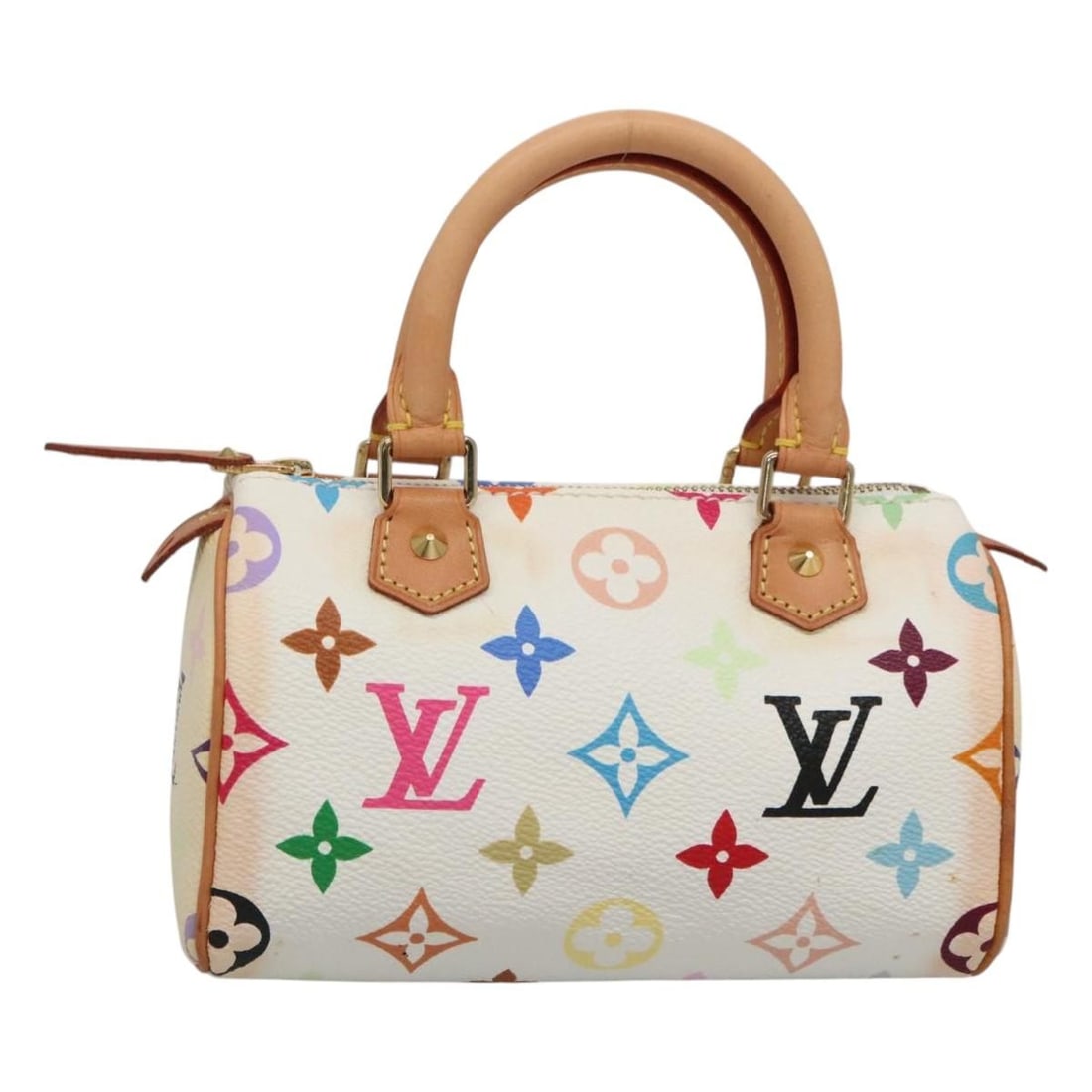 Louis Vuitton Mini Speedy White Multicolor Canvas Handbag M92645 with Dust Bag: Louis Vuitton Mini Speedy White Multicolor Canvas Handbag M92645 with Dust Bag This Louis Vuitton Monogram Multicolor Mini Speedy handbag features a white canvas exterior adorned with the iconic multi