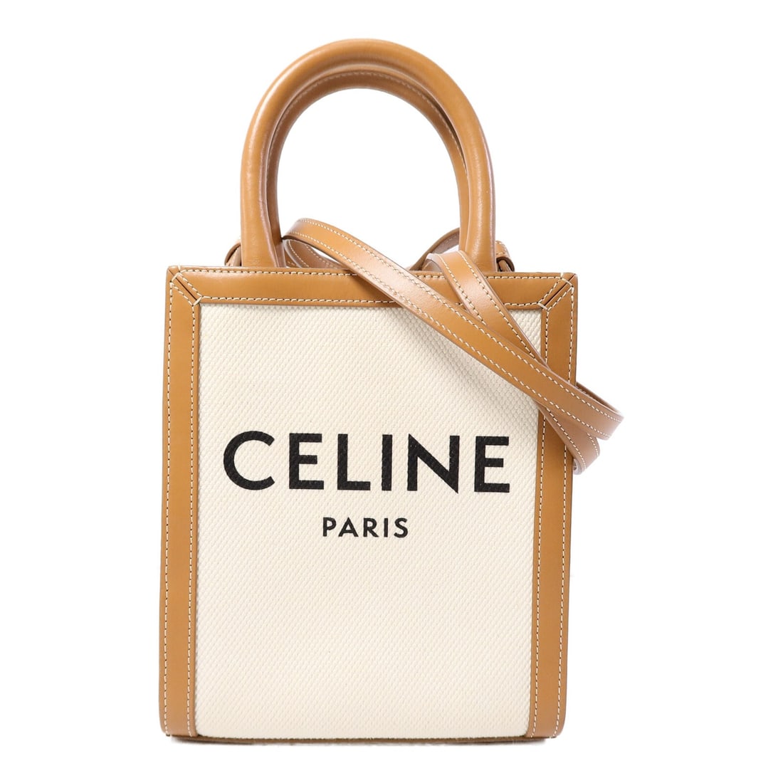 CELINE Mini Vertical Cabas Brown Canvas 2 Way Shoulder Bag GHW: CELINE Mini Vertical Cabas Brown Canvas 2 Way Shoulder Bag GHW This CELINE Mini Vertical Cabas is a versatile 2-way shoulder bag crafted from brown canvas. Designed for women, it features a compact st