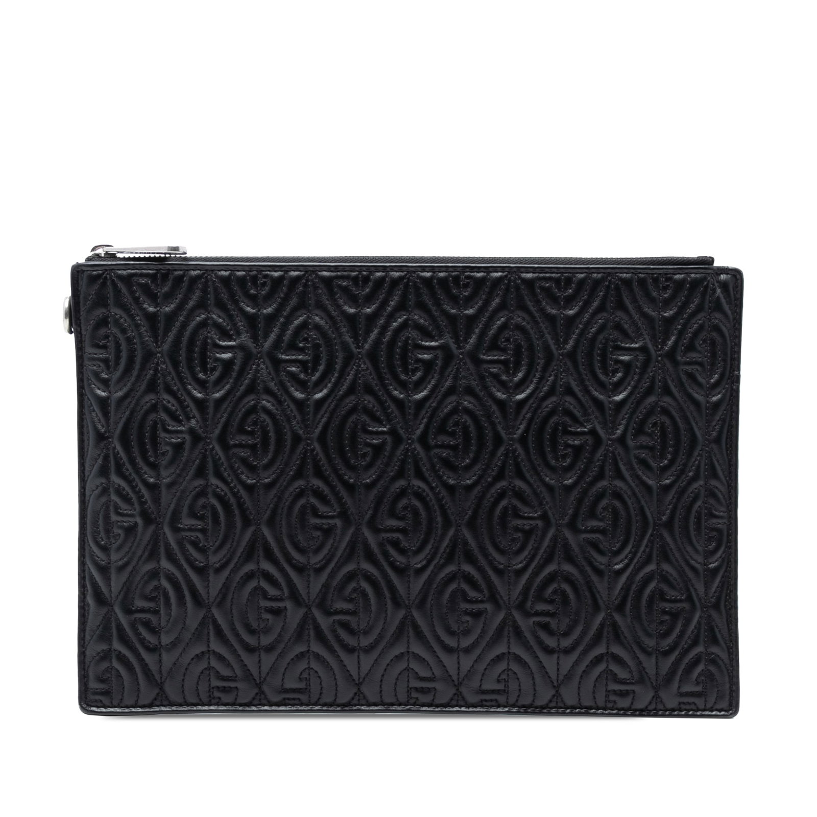 Gucci Black Quilted Leather Rhombus Zip Clutch: Gucci Black Quilted Leather Rhombus Zip Clutch This Gucci clutch features a quilted leather body with a distinctive G rhombus pattern. It is designed with a top zip closure and includes interior slip 
