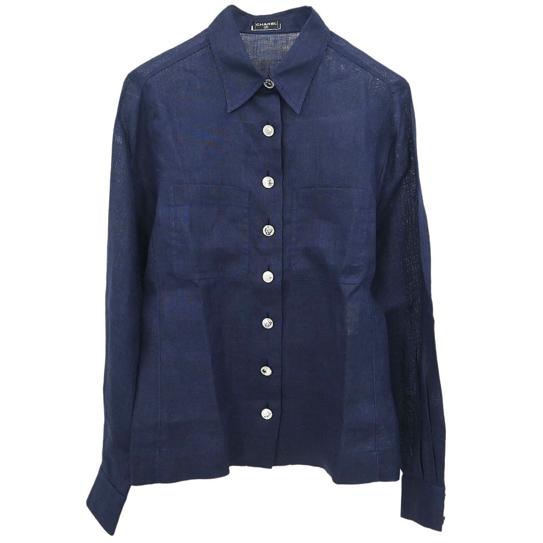 CHANEL Navy Linen Women Long Sleeve Collared Blouse (1 of 15)