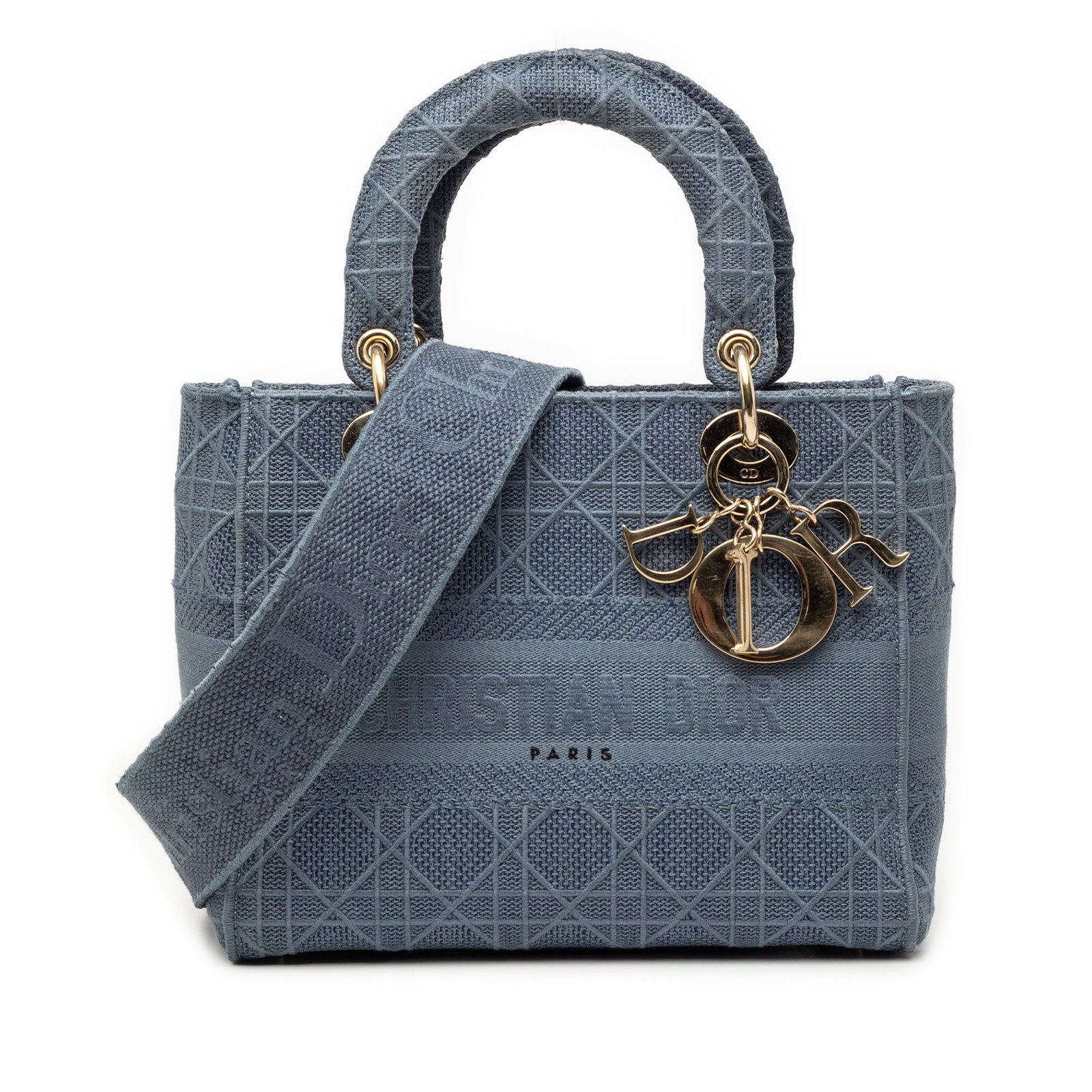 Medium Lady D Lite Blue Canvas Bag with Cannage Pattern by Dior: Medium Lady D Lite Blue Canvas Bag with Cannage Pattern by Dior This Dior Medium Canvas Cannage Lady D-Lite bag features a blue canvas body with signature cannage quilting, flat handles, a detachable 