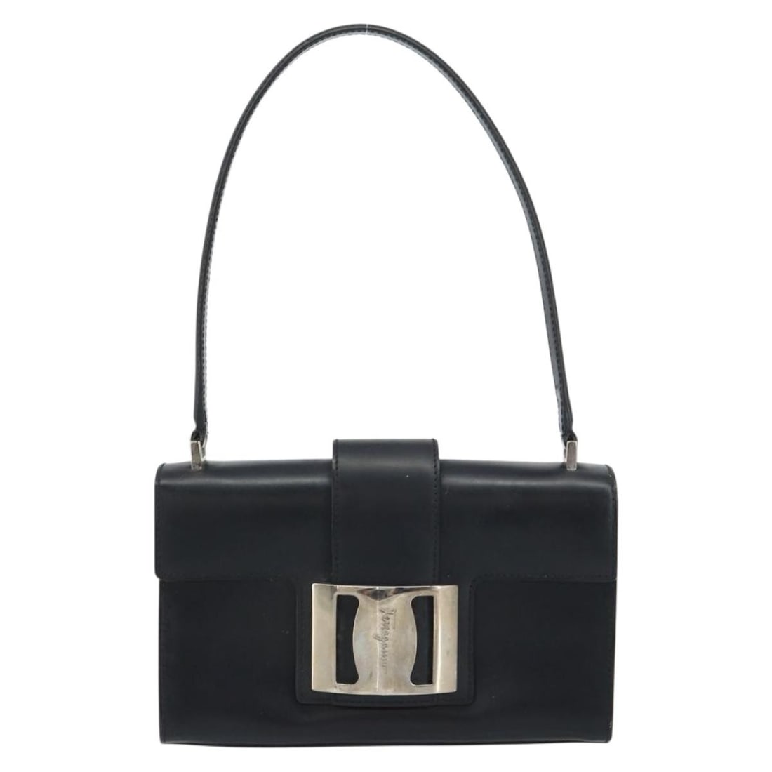 Black Leather Salvatore Ferragamo Vala Purse 21cm by 13cm by 6cm: Black Leather Salvatore Ferragamo Vala Purse 21cm by 13cm by 6cm The Salvatore Ferragamo Vala handbag is crafted from black leather and designed for women. It features a compact silhouette with metal 