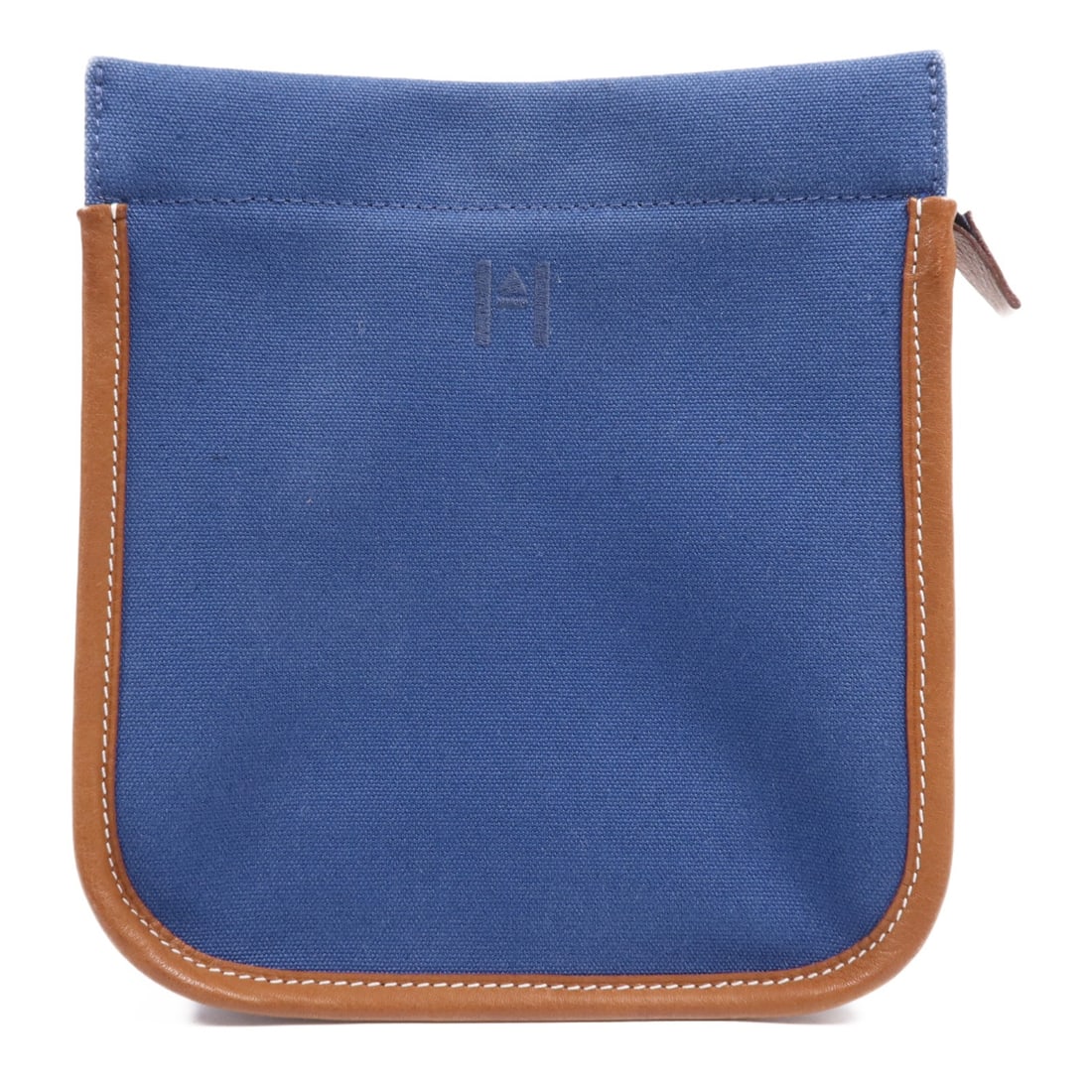 HERMES Camaiueu Blue Canvas Embroidered Logo Pouch: HERMES Camaiueu Blue Canvas Embroidered Logo Pouch This Hermes Camaiueu pouch features a blue canvas exterior accented with embroidery and the Hermes logo. The pouch is designed with a combination of 