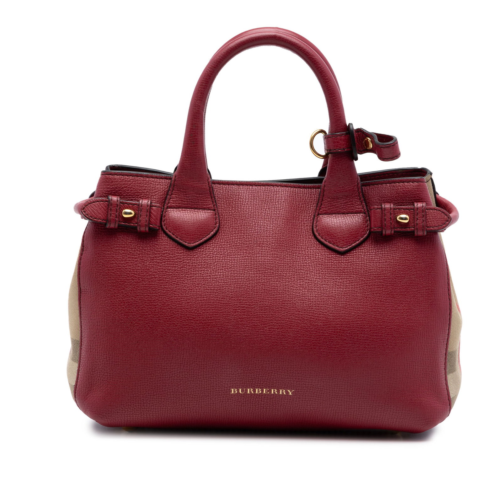 Burberry Banner Satchel Red Leather House Check Small: Burberry Banner Satchel Red Leather House Check Small This Burberry Small Grainy Calfskin and House Check Banner Satchel is crafted in Italy from high-quality leather in a striking red hue. The satche