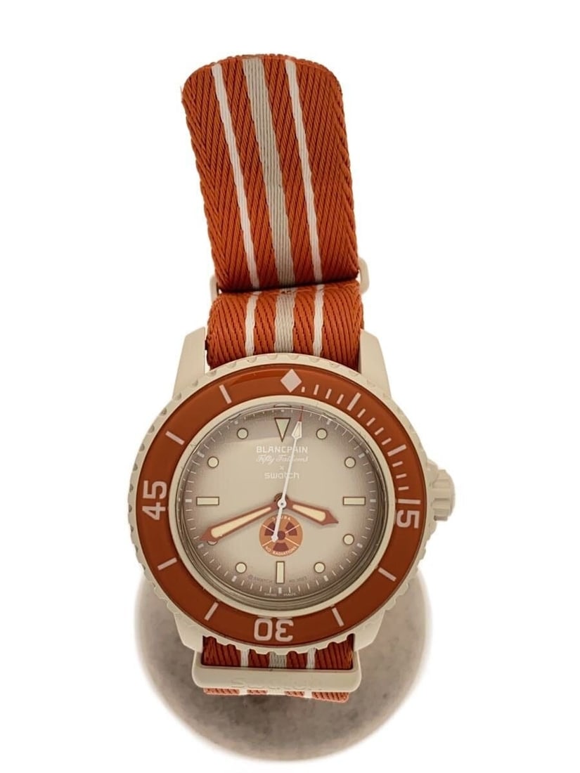 Blancpain x Swatch Arctic Ocean Bioceramic Wristwatch Orange: Blancpain x Swatch Arctic Ocean Bioceramic Wristwatch Orange This BLANCPAINxSWATCH Bioceramics Scuba Fifty Fathoms Arctic Ocean wristwatch is a men's Swiss timepiece featuring an orange color scheme. 