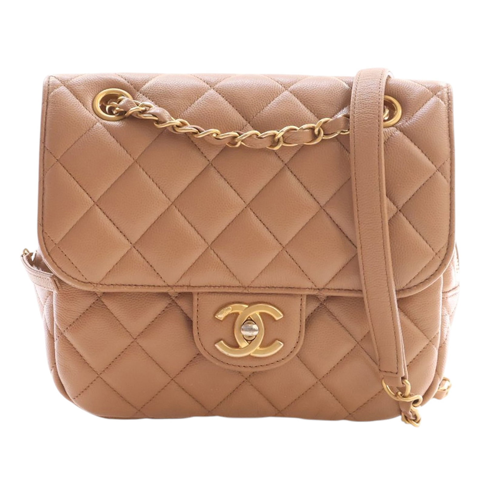 Chanel quilted caviar leather crossbody bag with chain strap: Chanel quilted caviar leather crossbody bag with chain strap This Chanel CC Quilted Caviar Crossbody features a brown quilted caviar leather body, complemented by a leather-woven chain strap with a le
