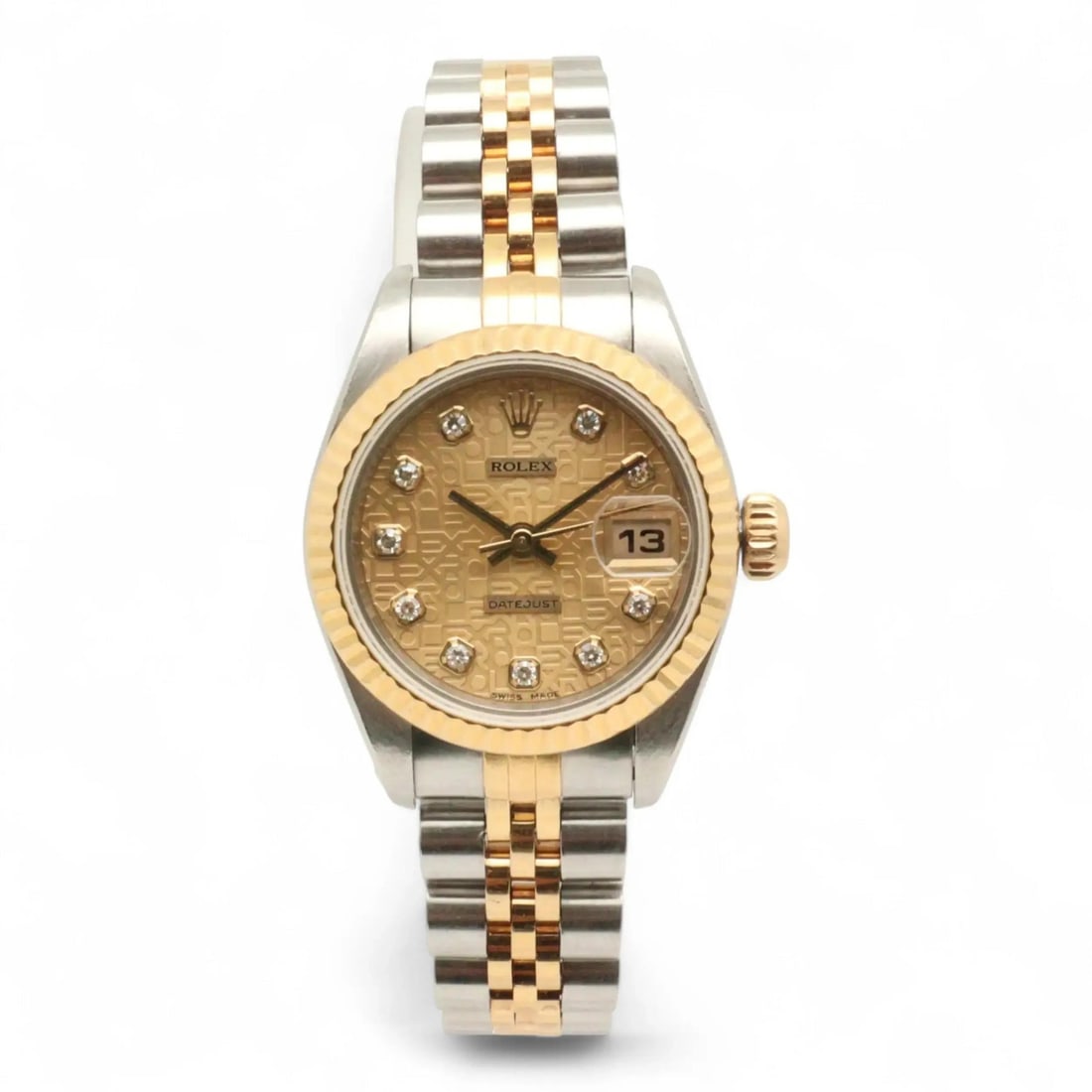 Ladies Datejust 18K Gold Diamond Dial Wristwatch by Rolex Model 79173: Ladies Datejust 18K Gold Diamond Dial Wristwatch by Rolex Model 79173 This Rolex Datejust ladies watch features an 18K gold and stainless steel Jubilee bracelet, a champagne diamond dial, and a fluted