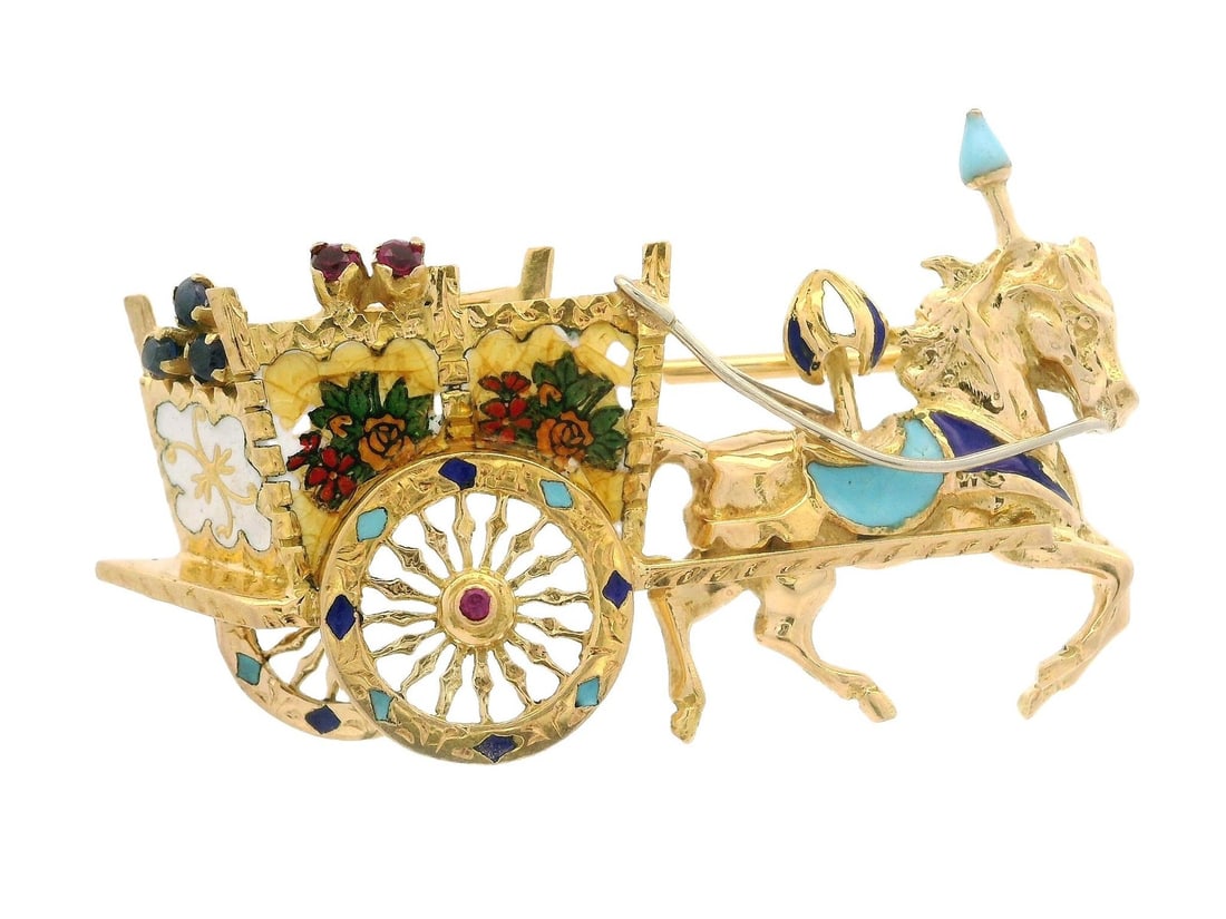 18k Gold Floral Chariot Horse Brooch with Ruby and Sapphire: 18k Gold Floral Chariot Horse Brooch with Ruby and Sapphire This exquisite 18k gold floral chariot carriage horse pin brooch features a stunning combination of natural gemstones and colorful enamel wo