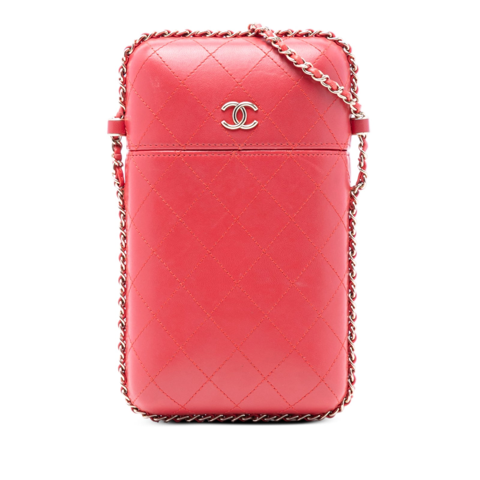 Chanel Chain Around Phone Holder Red Quilted Lambskin with Removable Cap: Chanel Chain Around Phone Holder Red Quilted Lambskin with Removable Cap This Chanel CC Quilted Lambskin Chain Around Phone Holder features a quilted leather body in red, complemented by a leather-wov