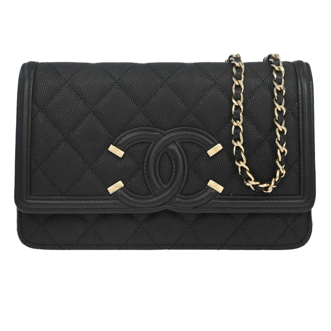 Chanel black caviar leather CC filigree wallet on chain: Chanel black caviar leather CC filigree wallet on chain This Chanel Black Calfskin CC Filigree Wallet on Chain Bag is crafted from luxurious caviar skin leather in a classic black color. Designed for 