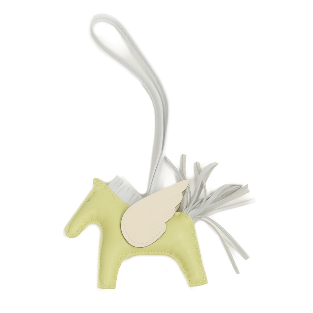 Hermes Rodeo Pegase PM Calfskin Charm Green and Yellow Leather Accessory: Hermes Rodeo Pegase PM Calfskin Charm Green and Yellow Leather Accessory This Hermes Rodeo Pegase PM Charm is crafted from Milo lambskin leather in a combination of Jaune bourgon, Nata, and green tone