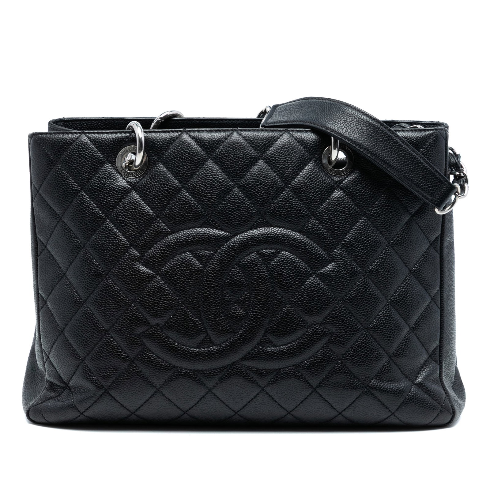 Black Quilted Leather Grand Shopping Tote by Chanel: Black Quilted Leather Grand Shopping Tote by Chanel This Chanel Caviar Grand Shopping Tote features a quilted Caviar leather body, leather woven chain shoulder straps, an open top design, an interior 
