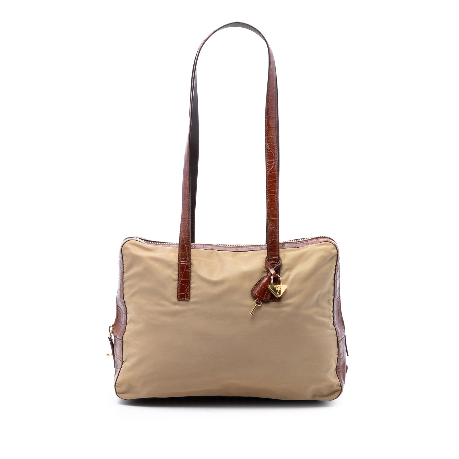 Prada beige Tessuto nylon shoulder bag croc embossed trim: Prada beige Tessuto nylon shoulder bag croc embossed trim This Prada shoulder bag features a beige nylon body accented with croc-embossed leather trim and flat leather handles. It is designed with a t