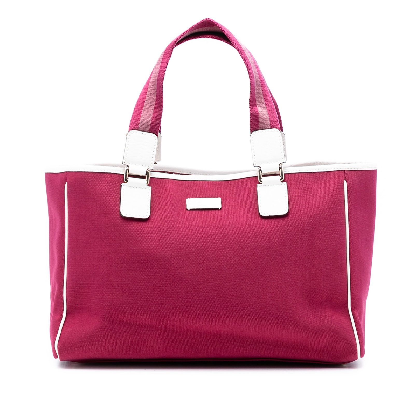 Pink Fabric Tote with Leather Trim and Web Handles by Gucci: Pink Fabric Tote with Leather Trim and Web Handles by Gucci This Gucci Canvas Web Tote features a durable canvas body accented with leather trim and web-detail flat handles. The bag is designed with a