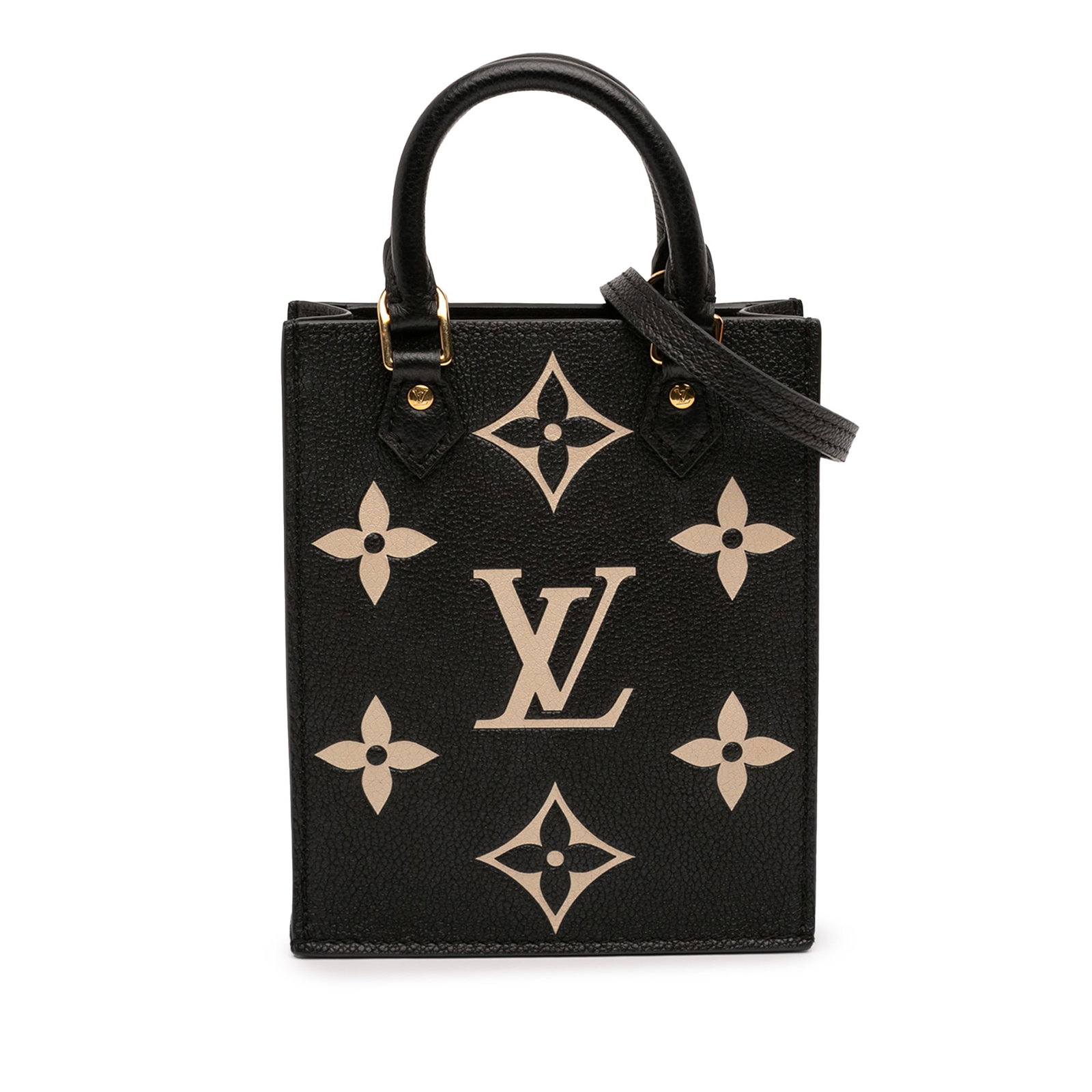 Louis Vuitton Petit Sac Plat Bicolor Monogram Empreinte Leather Bag: Louis Vuitton Petit Sac Plat Bicolor Monogram Empreinte Leather Bag This Louis Vuitton Petit Sac Plat features a bicolor monogram empreinte leather body, complemented by rolled leather handles and a d