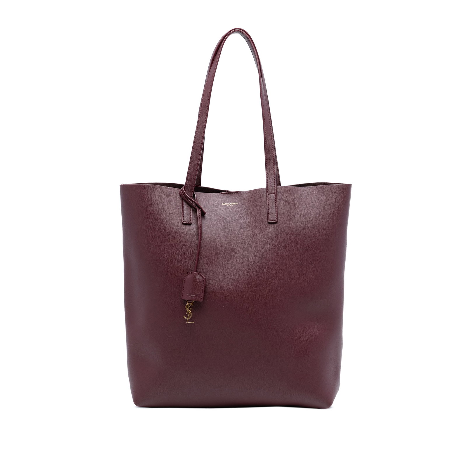 Red Leather North South Tote by Saint Laurent: Red Leather North South Tote by Saint Laurent This Saint Laurent North South Leather Shopping Tote features a red leather body with flat leather handles and an open top design. The tote is crafted in 
