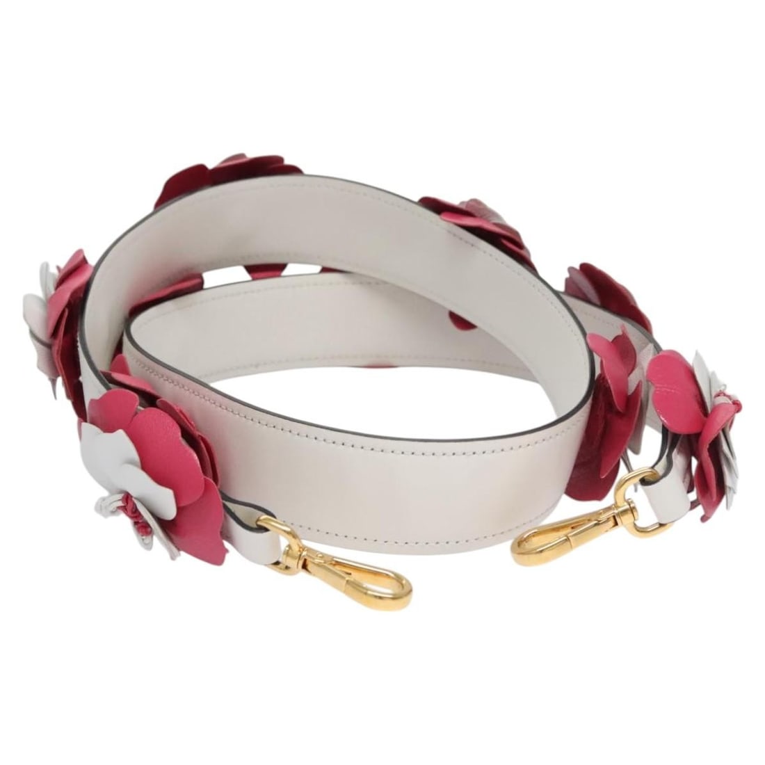 White Leather Flower Shoulder Strap by PRADA 40.2 Inch for Women: White Leather Flower Shoulder Strap by PRADA 40.2 Inch for Women This is a PRADA women's shoulder strap crafted from white leather. The strap features a floral design and measures approximately 40.2 i