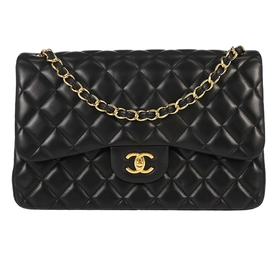 Chanel Classic Double Flap Jumbo Black Lambskin Shoulder Bag: Chanel Classic Double Flap Jumbo Black Lambskin Shoulder Bag This Chanel Classic Double Flap Shoulder Bag is crafted from black lambskin leather and features a turn lock closure. The bag includes a bl