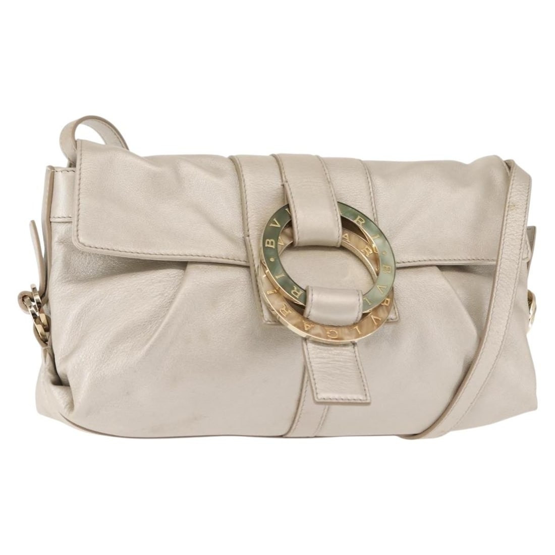 Silver Leather Chandra Shoulder Bag by Bvlgari for Women: Silver Leather Chandra Shoulder Bag by Bvlgari for Women The Bvlgari Chandra Flap Shoulder Bag for women features a silver leather exterior with a flap closure. This Italian-made shoulder bag measures