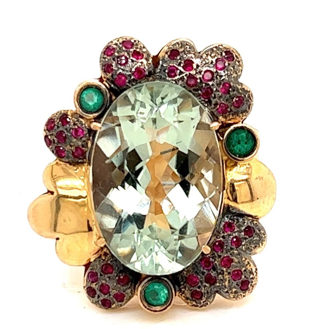 GIA Certified 18K Rose Gold Quartz Ruby Emerald Ring: GIA Certified 18K Rose Gold Quartz Ruby Emerald Ring This stunning 18K rose gold ring features a GIA certified natural light green quartz at its center, surrounded by approximately 1.50 carats of vibr