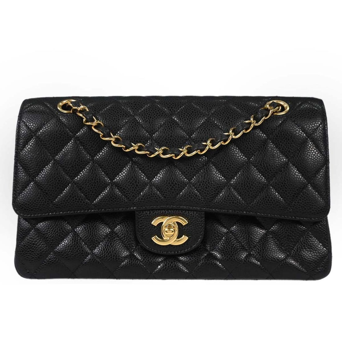 CHANEL Classic Flap Black Calfskin Shoulder Bag Medium: CHANEL Classic Flap Black Calfskin Shoulder Bag Medium This Chanel Classic Double Flap shoulder bag is crafted from black calfskin leather and features a medium size with a turn lock closure. The bag 