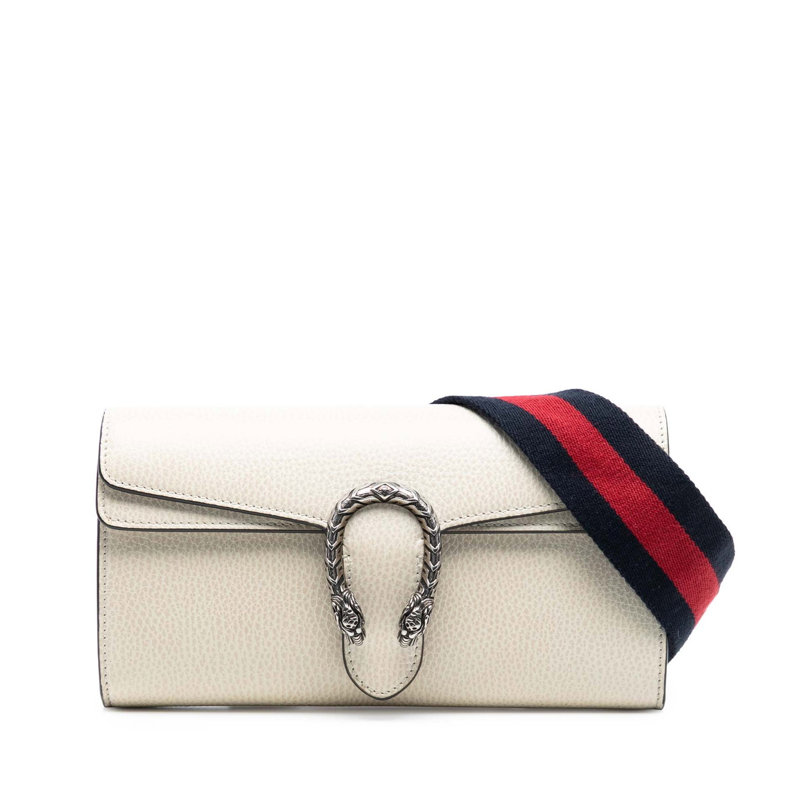 Gucci Dionysus Small Leather Crossbody with Web Shoulder Strap: Gucci Dionysus Small Leather Crossbody with Web Shoulder Strap This Gucci Small Leather Dionysus Web Crossbody features a white leather body with a flat web canvas shoulder strap, a front flap with ma
