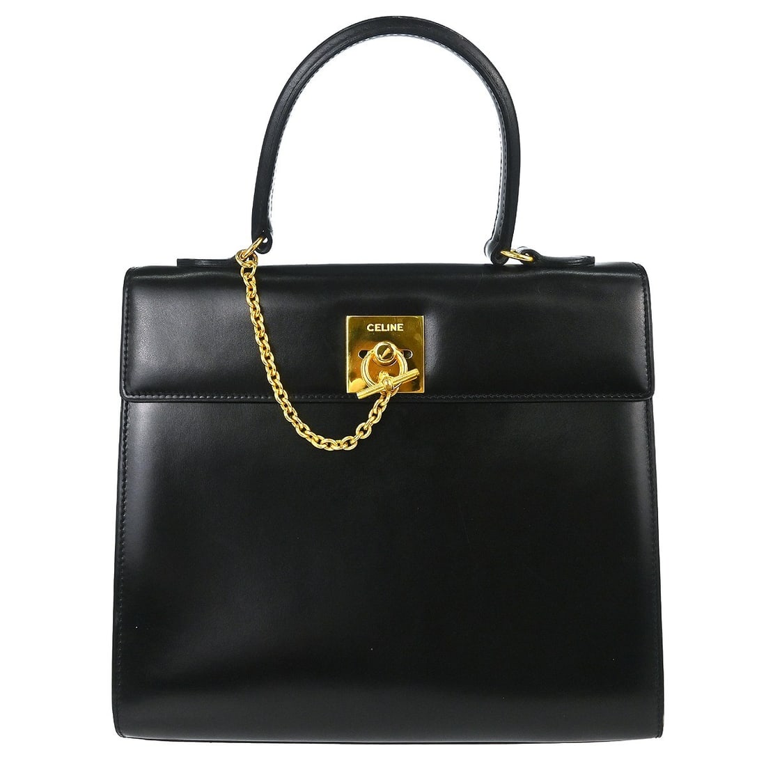 CELINE Large Black Leather Top Handle Bag: CELINE Large Black Leather Top Handle Bag This Celine handbag features a classic black leather exterior with a top handle design, making it suitable for casual occasions. The bag is lined in red and a